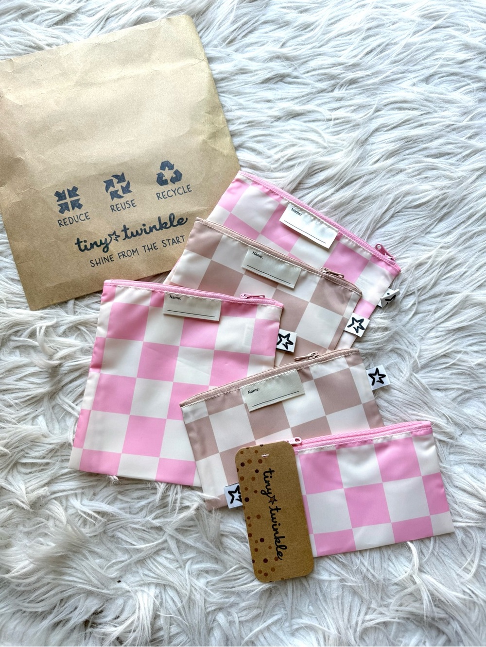 Tiny Twinkle Reusable Snack Bags 5 Piece Set Pink Checkered Zip Pouches